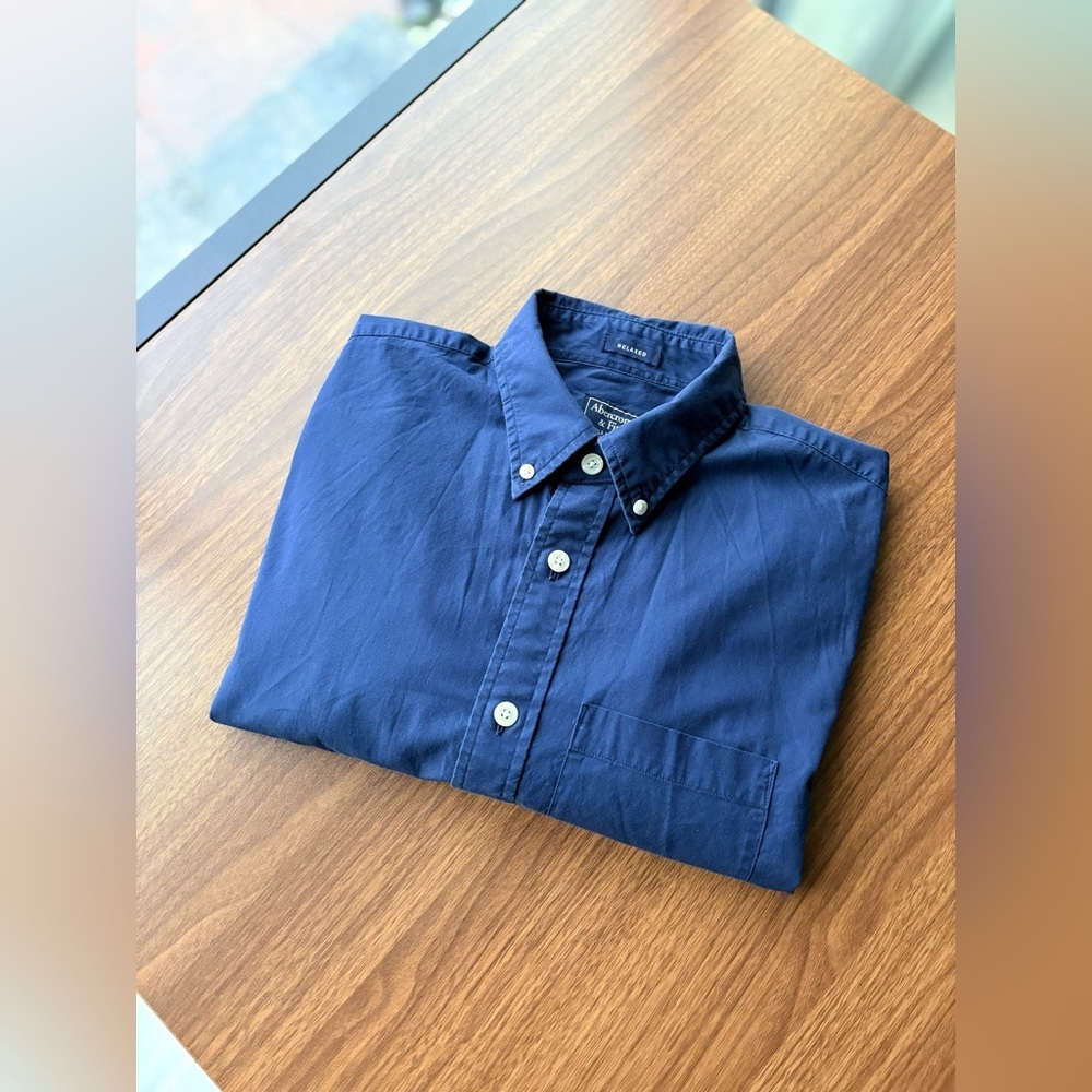Vintage Y2K Abercrombie & Fitch Navy Oxford Shirt Relaxed Fit Stretch | Men’s S - Picture 13 of 15